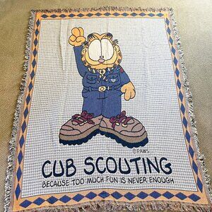 Vintage 90s Boy Scouts of America Garfield Afghan Throw Blanket 68x52 Cub Scouts